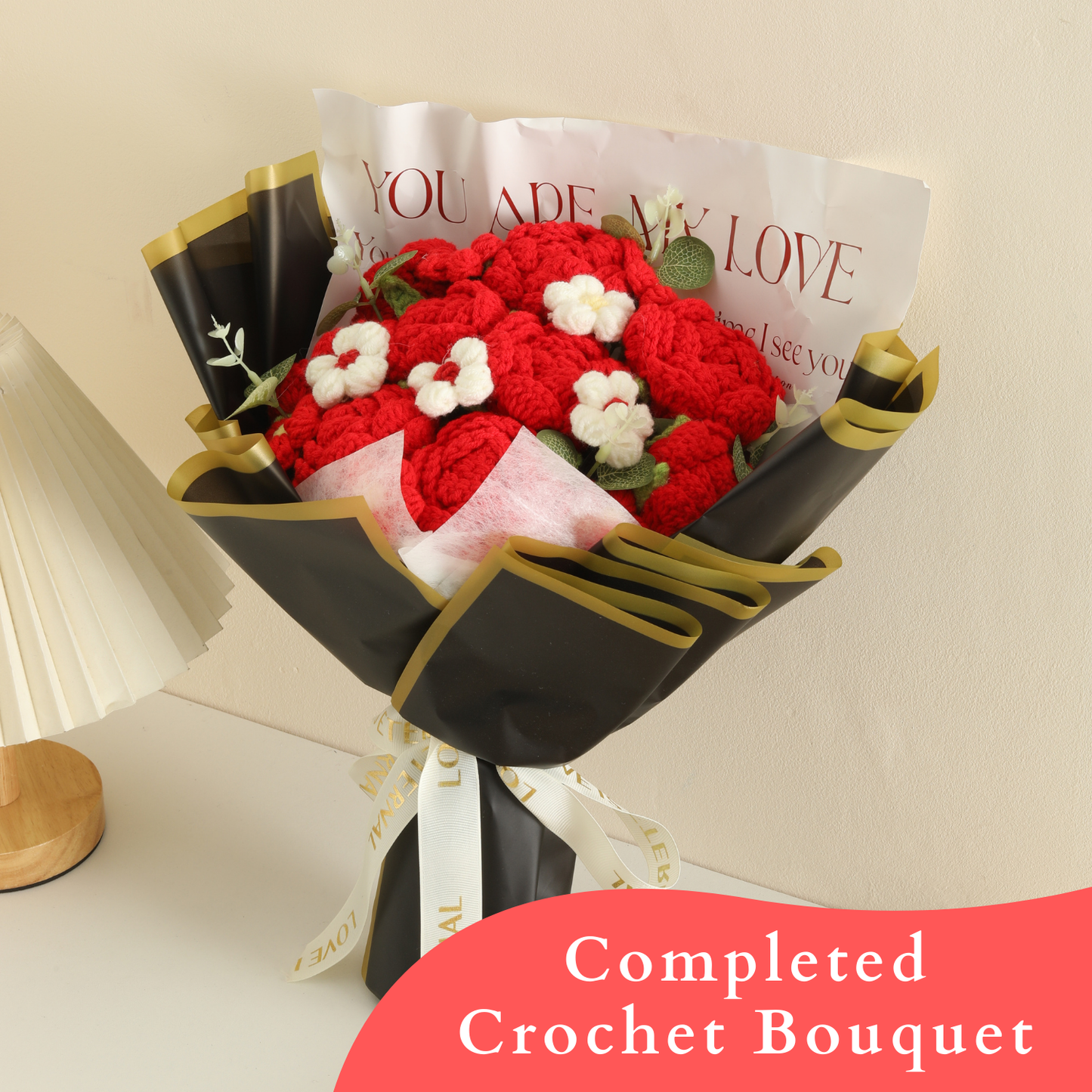 Completed Handmade Crochet Flower Bouquet (Red Roses and Puff Flowers with Black-Themed Packaging)