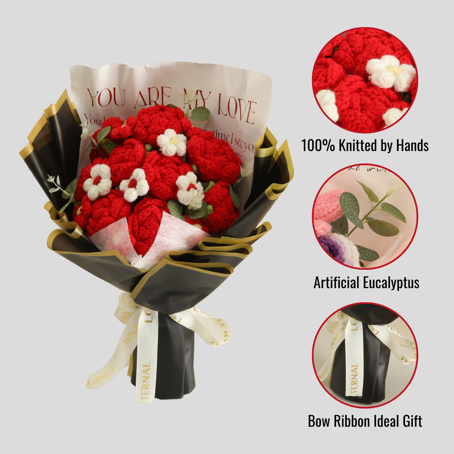 Completed Handmade Crochet Flower Bouquet (Red Roses and Puff Flowers with Black-Themed Packaging)