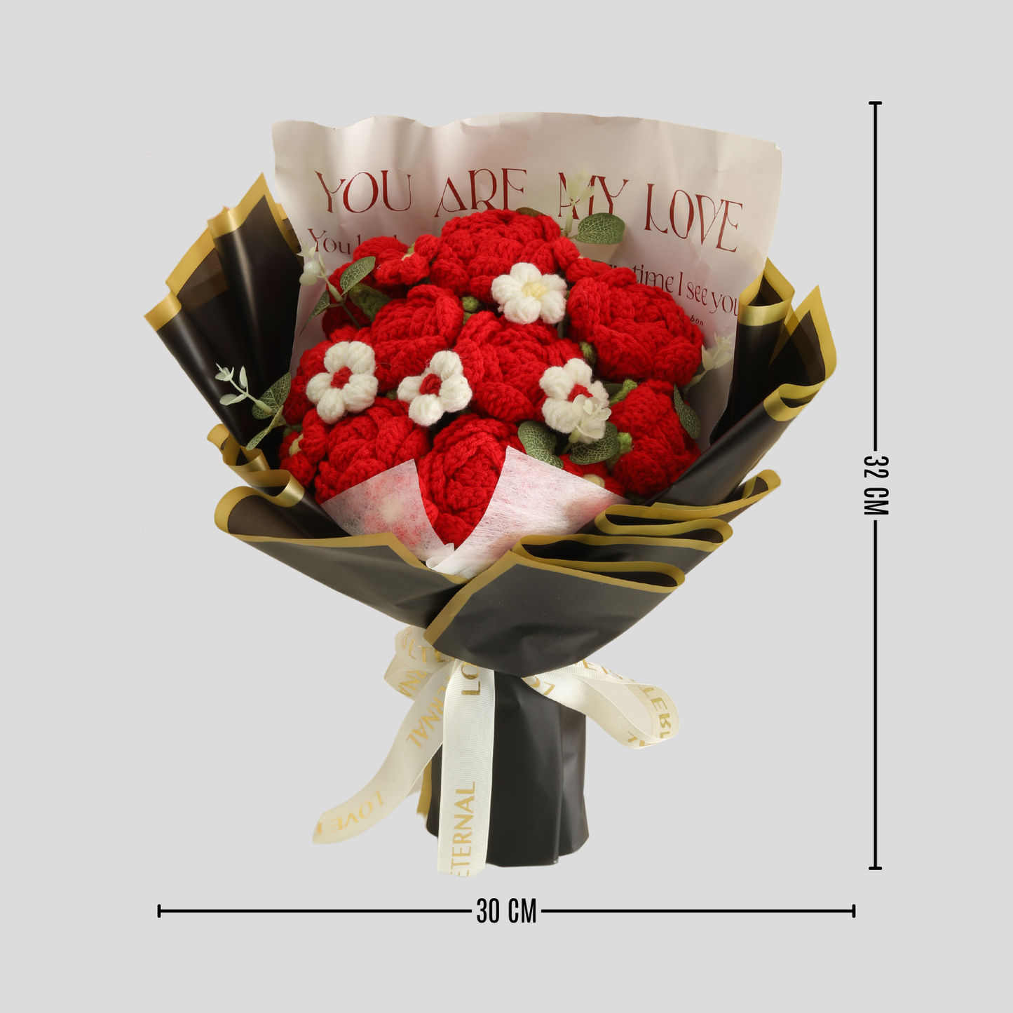 Completed Handmade Crochet Flower Bouquet (Red Roses and Puff Flowers with Black-Themed Packaging)