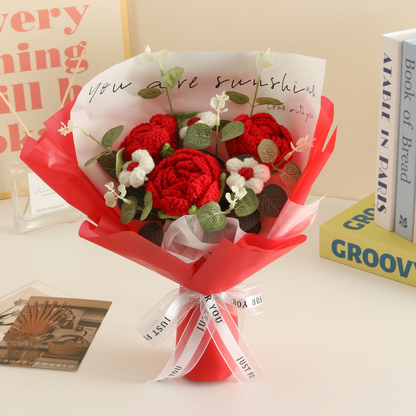 Completed Handmade Crochet Flower Bouquet (Red Roses, White Daisies, and Eucalyptus Leaves)