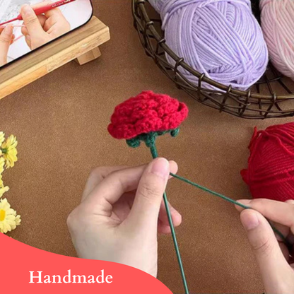 Completed Handmade Crochet Flower Bouquet (Red Roses, White Daisies, and Eucalyptus Leaves)