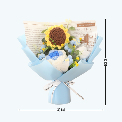 Completed Handmade Crochet Flower Bouquet (Sunflowers and Blue Mixed Flowers)