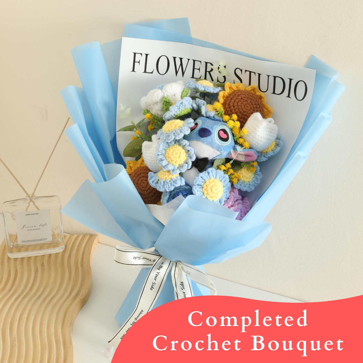 Completed Handmade Crochet Flower Bouquet (Sunflowers, Blue Mixed Flowers, and Crochet Doll)